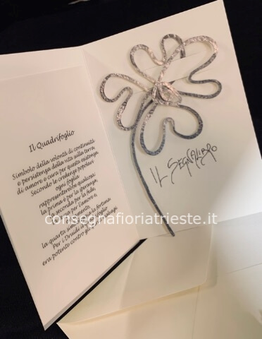 biglietto augurale con segnalibro in alluminio QUADRIFOGLIO